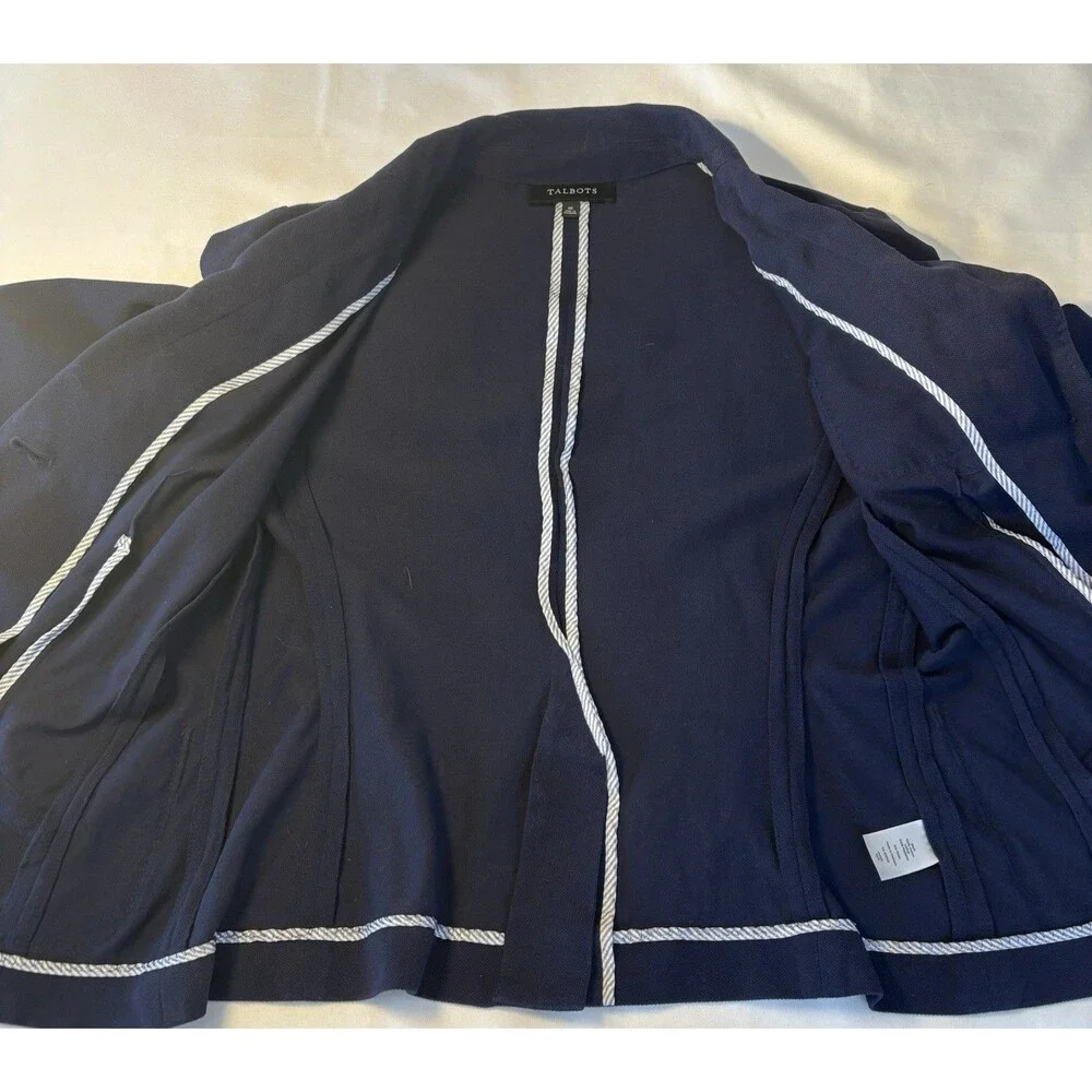 TALBOTS Blazer Navy Blue Women 10 Single Breasted Cotton Jacket Nautical Office - Picture 10 of 14